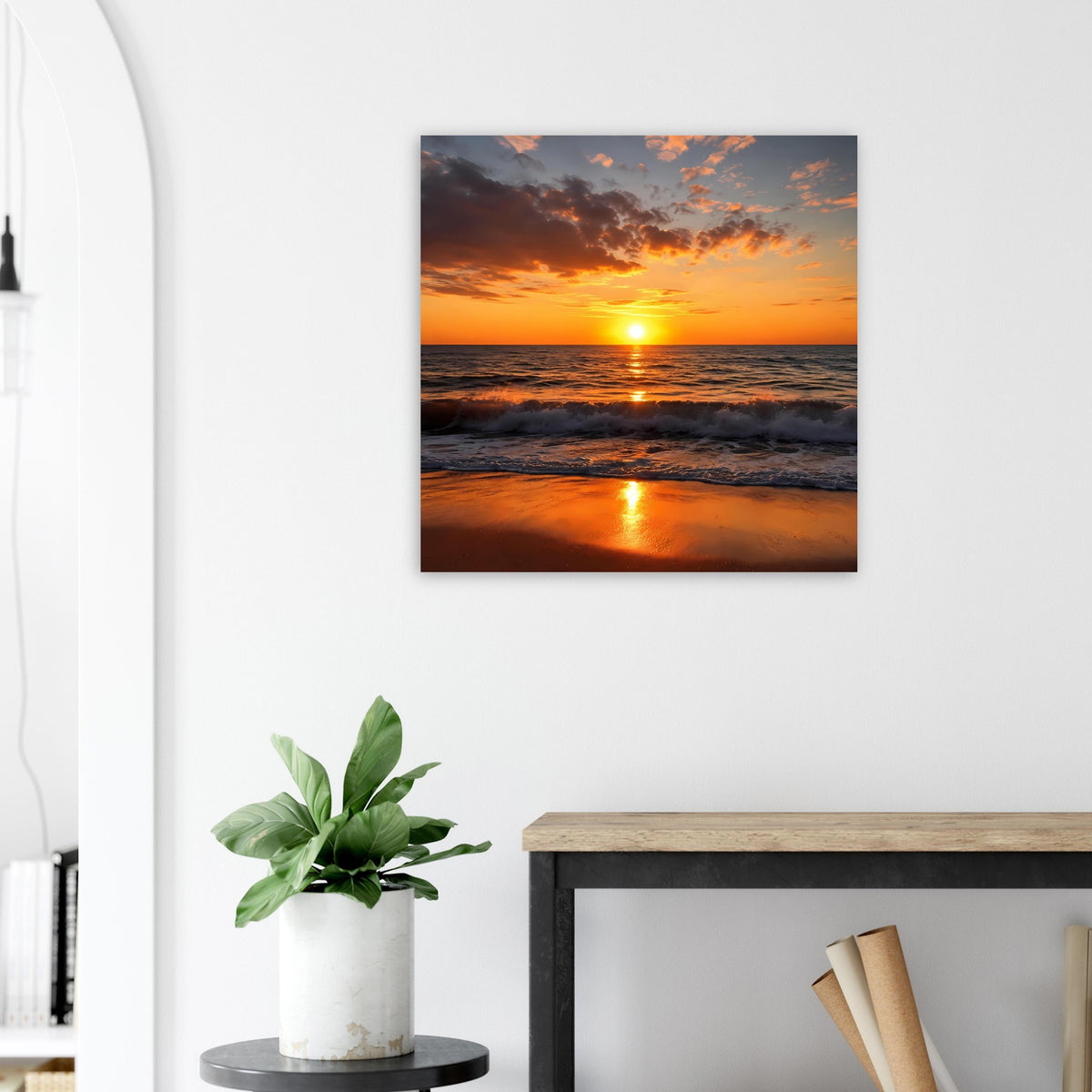 Poster mit Strand und Sonnenuntergang, Sonne im Meer, spiegelnde Wasserfläche