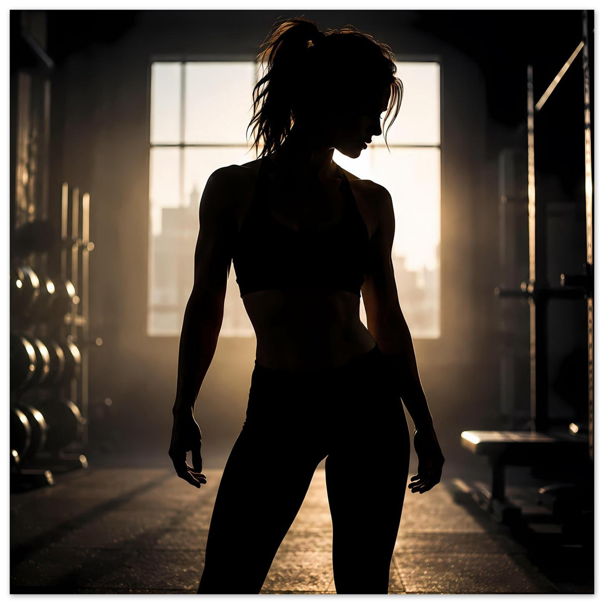 Fitness-Poster: Silhouette einer Sportlerin in Sporttop und Leggings, seitliche Pose