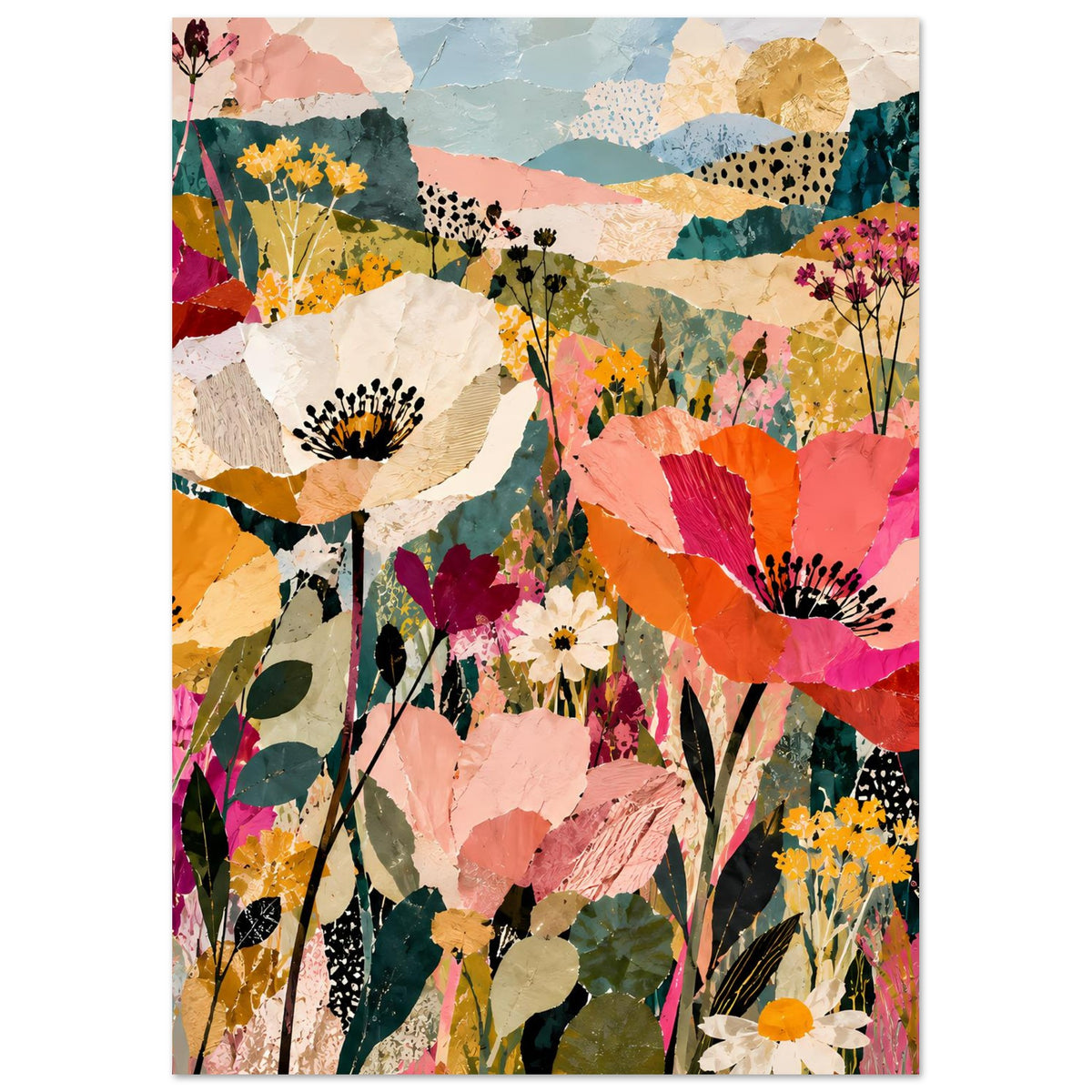Buntes Blumen-Kollageposter, vertikale Ansicht mit großen Blüten-Akzenten und Mustern