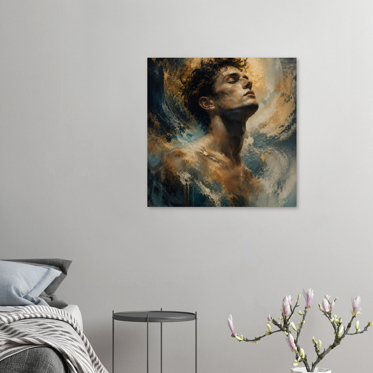 Poster mit Männerporträt und goldblauem Lichtring, Farbnebel im abstrakten Stil.