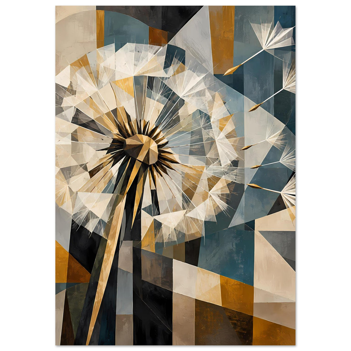 Vertikales Geometrie-Poster mit Pusteblume aus Dreiecken, erdig-goldene und blaue Farbtöne