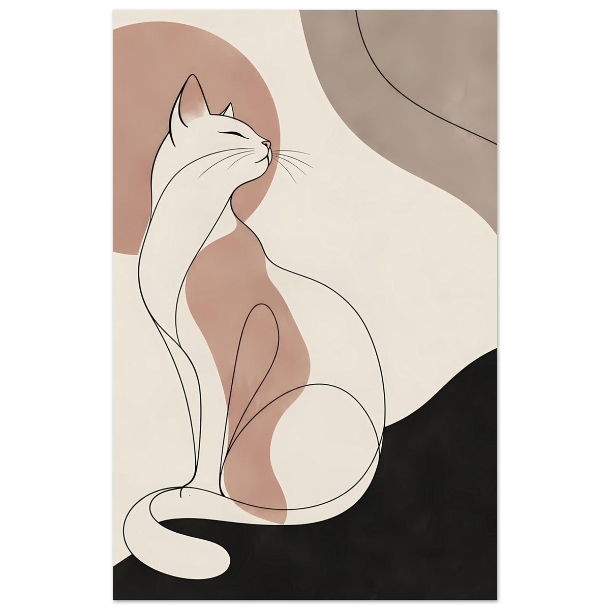 Poster mit stehender Katzensilhouette, beiges Line-Art-Design und dunkler Fläche unten