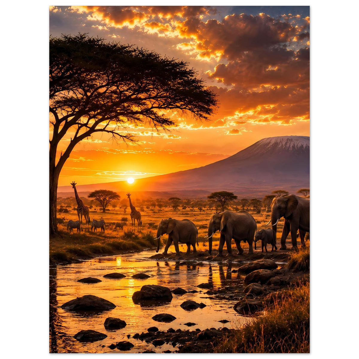 Safari-Sonnenuntergangsposter mit Elefanten am Wasserloch, Akazienbaum links und Berg im Hintergrund