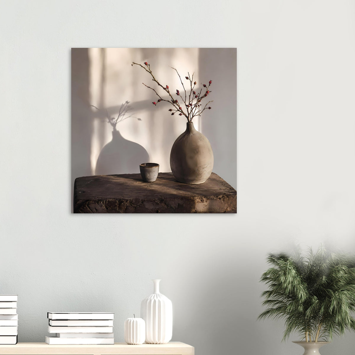 Wandposter (Querformat): Vase mit roten Beerenzweigen, Becher und Holzplatte