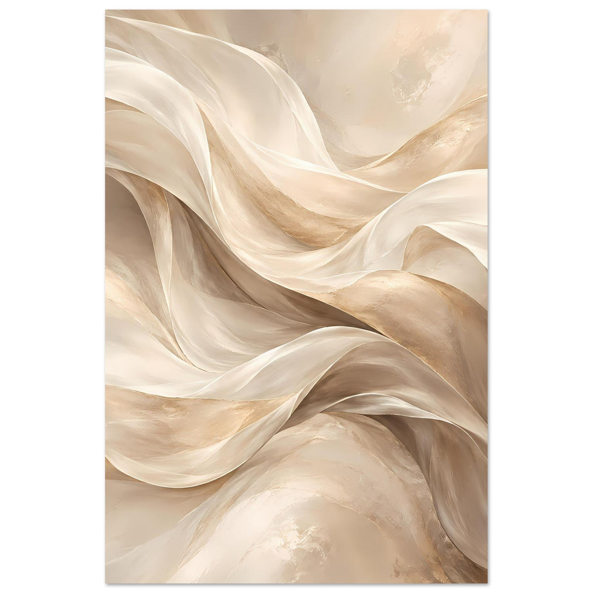 Abstraktes Fluss-Poster, vertikal: fließende Wellen aus Creme, Beige und goldfarbenen Linien.
