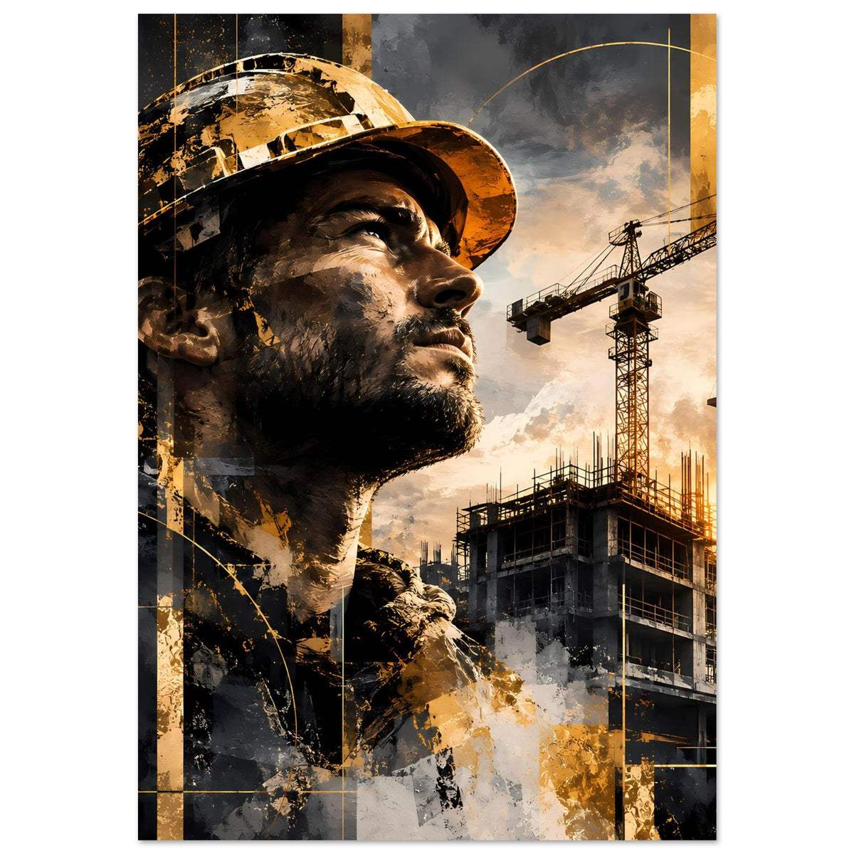 Bauarbeiter-Poster im Hochformat mit Helm-Profil und goldenen Farbspritzern vor Baustelle