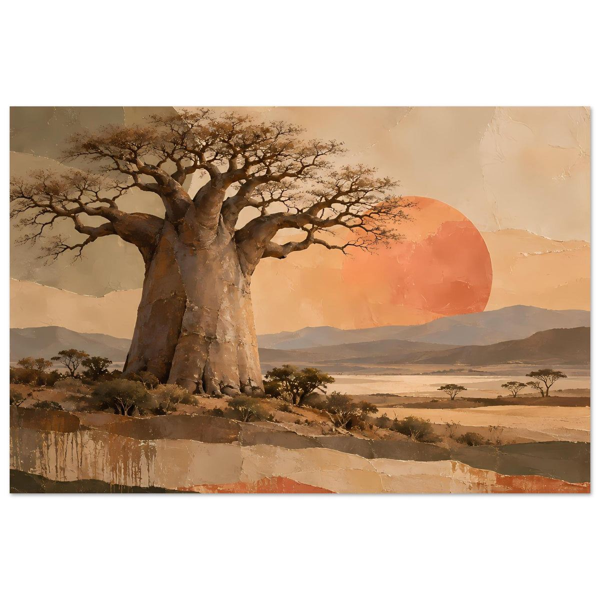 Naturposter mit Baobab-Baum und großem orangefarbenem Sonnenkreis über Landschaft