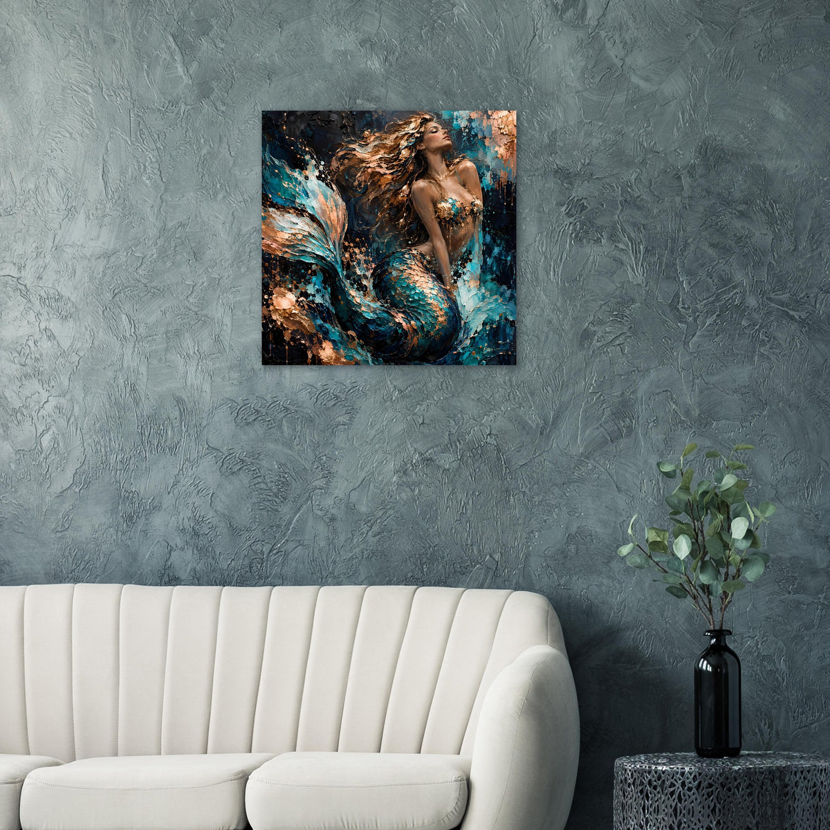 Meerjungfrauen-Kunstposter mit türkis schimmernder Flosse, braunem Haar und dunkelblauem Farbwirbel