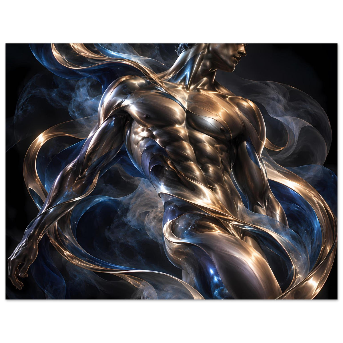 Querformat-Kunstposter mit Metallfigur, gold-silbernem Glanz, blauen Rauchwirbeln
