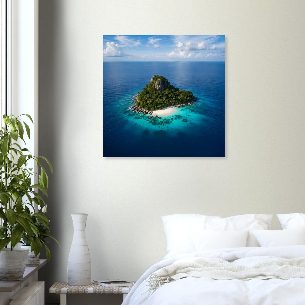 Quadratisches Wandposter mit Inselmotiv: kleine bewachsene Insel im Meer, blaues Wasser