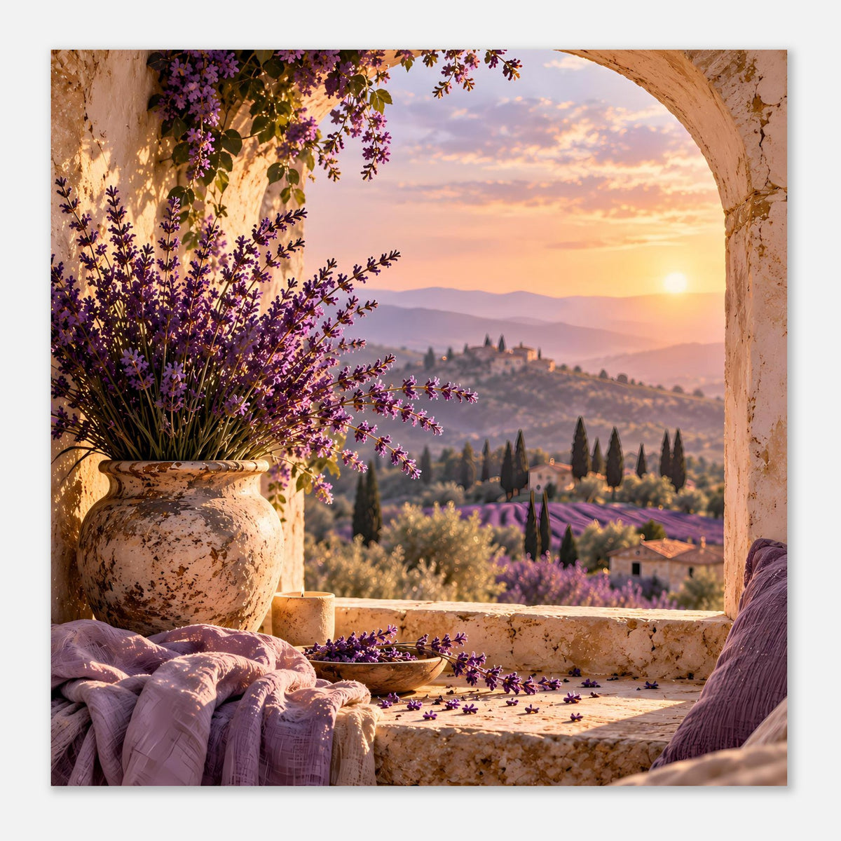 Kunstdruck im Quadratformat: Lavendelblüten, Steinvase und Sonnenuntergang durch Bogen