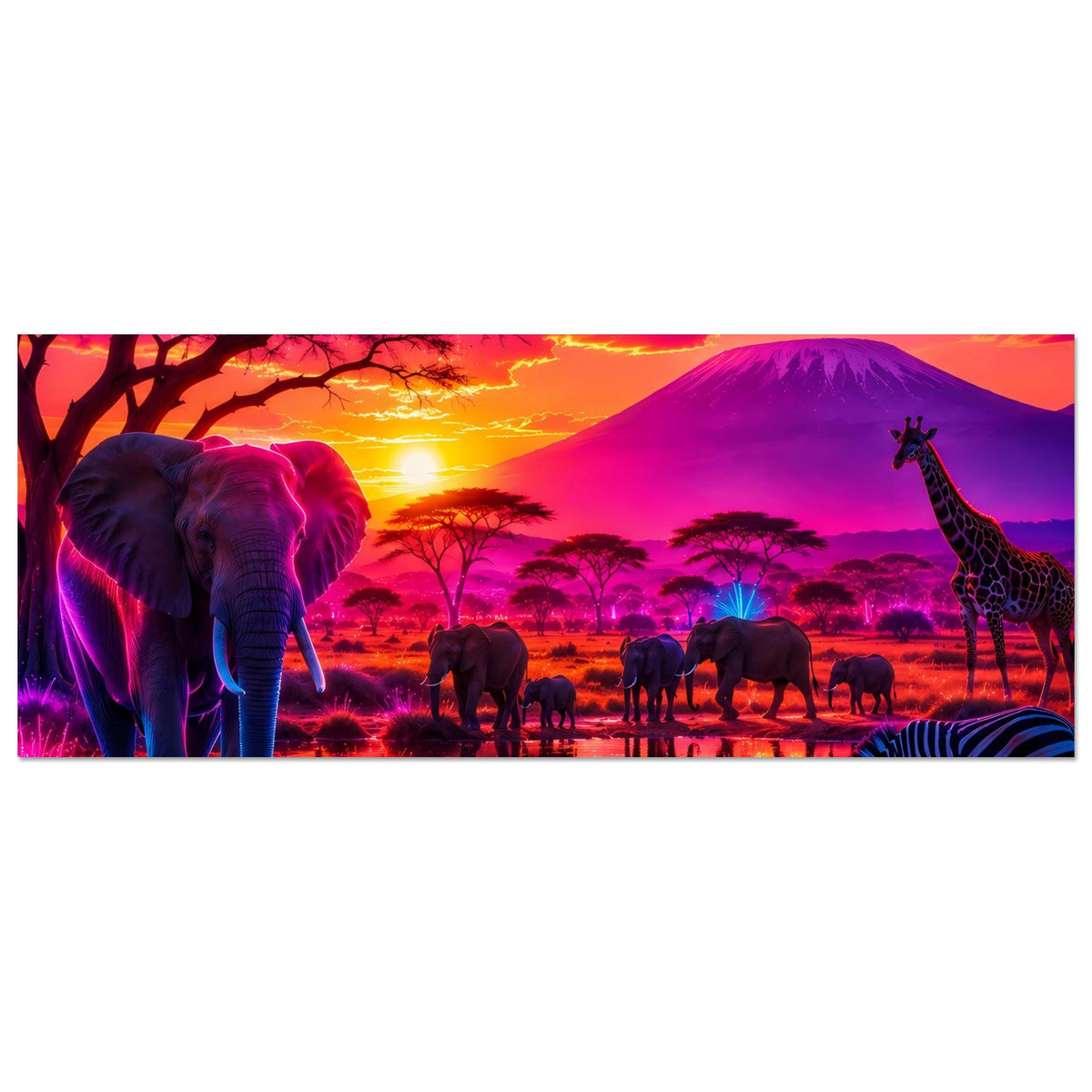 Neon-Safariposter, Panorama: Elefant links, Giraffe rechts, Tiere am Sonnenuntergang.