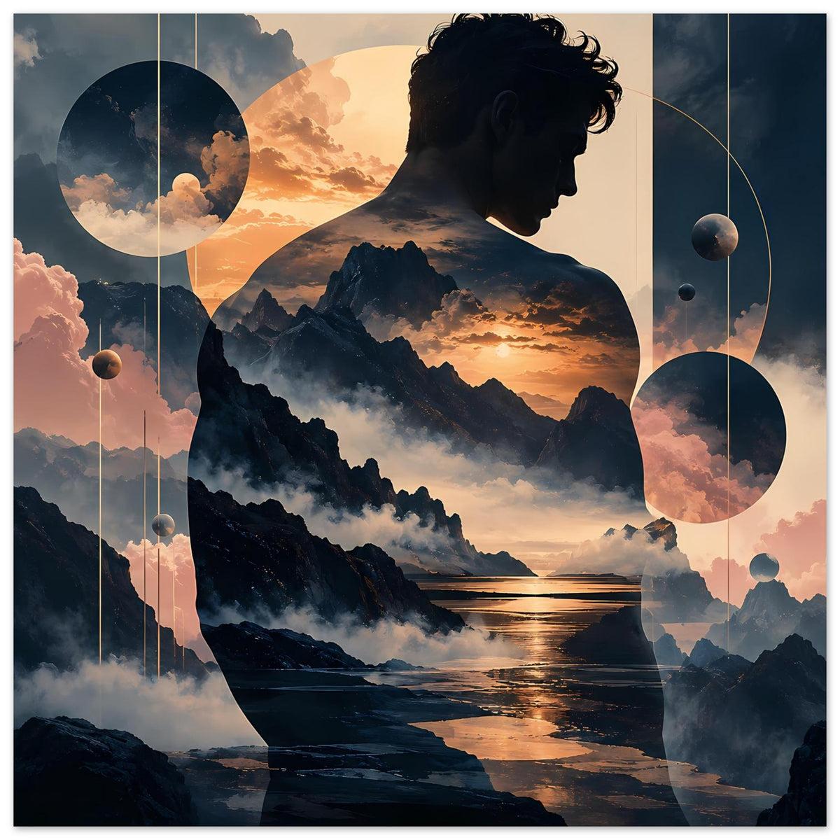Poster im Hochformat: Männerprofil vor Bergkette, Sonnenuntergang mit Spiegelung, Planeten