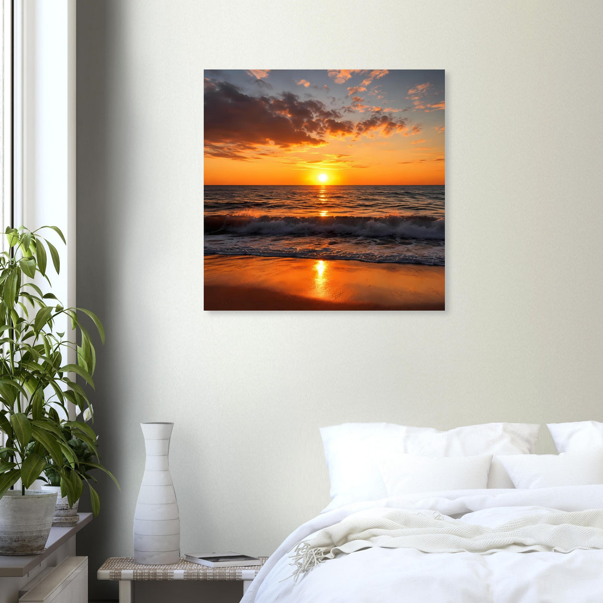 Poster mit Sonnenuntergang über dem Ozean, orangefarbenem Himmel und ruhiger See