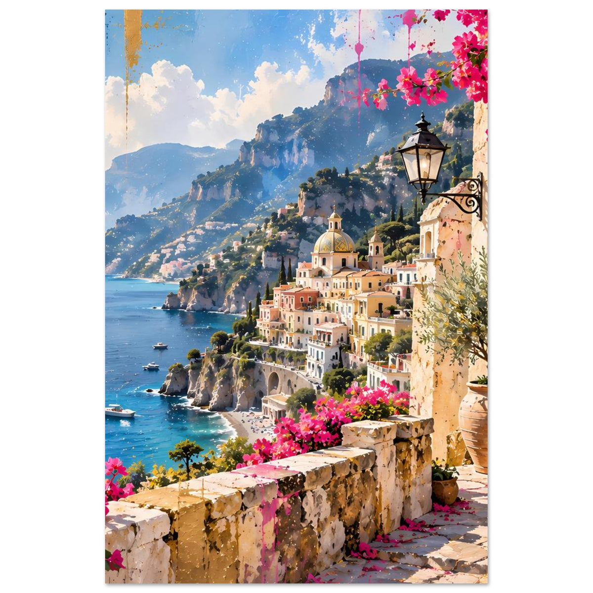 Vertikales Poster mit Küstenpanorama, weißer Architektur, rosa Blüten, Laterne und Topf