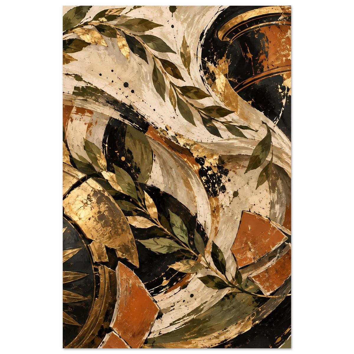 Poster mit Vintage-Abstraktion: Pflanzenzweig, Kreise und Pinselstrukturen in Gold