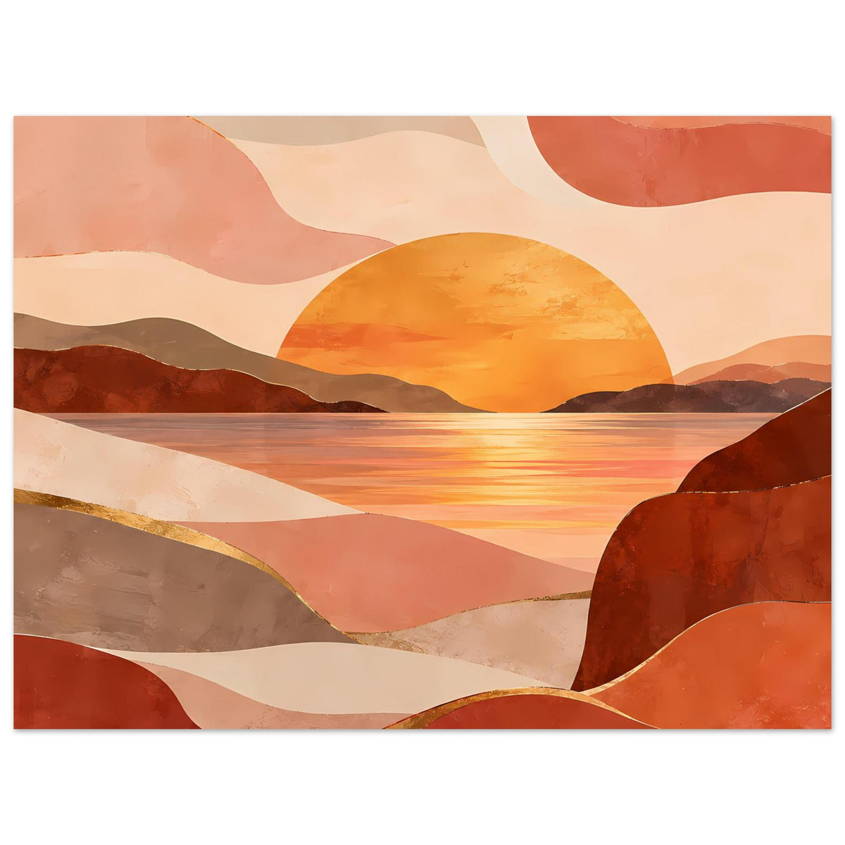 Hochformat Poster mit warmen Erdtönen: goldene Sonne, Berge und schmale Reflexstreifen