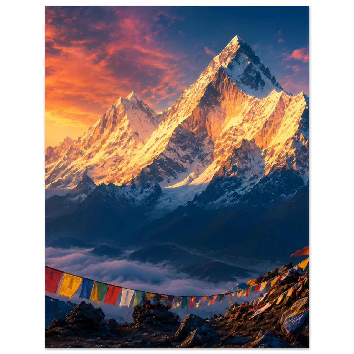 Hochformat-Poster mit leuchtenden Himalaya-Gipfeln im Sonnenaufgang und Gebetsfahnen unten