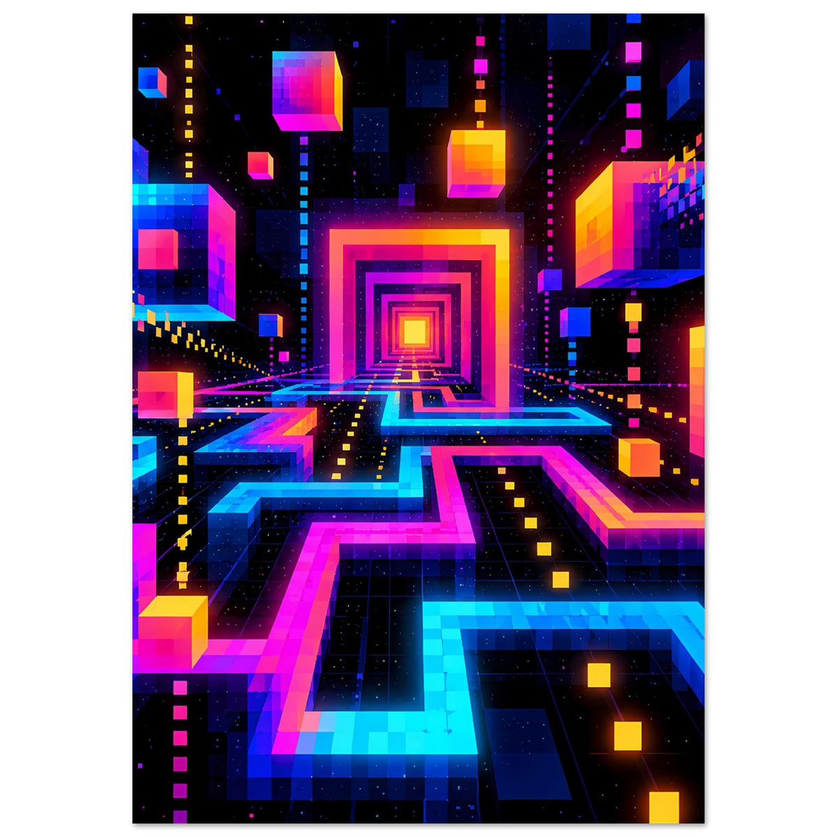 Neon-Labyrinth-Poster mit bunten 3D-Kanälen und blinkenden Lichtpunkten in Magenta