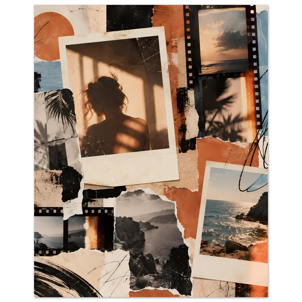 Collage-Poster mit Polaroid-Aufnahmen, Filmstreifen, Schattenporträt und Küstenansicht