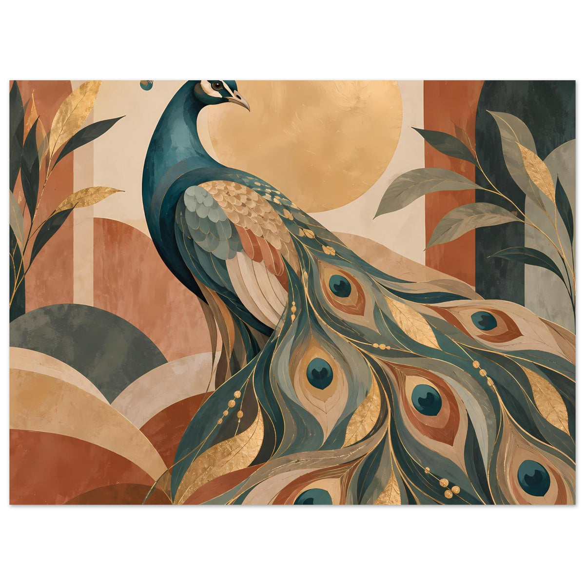 Nahansicht vom Pfau-Motiv auf dem Poster, warmes Braun, Türkis und goldene Details
