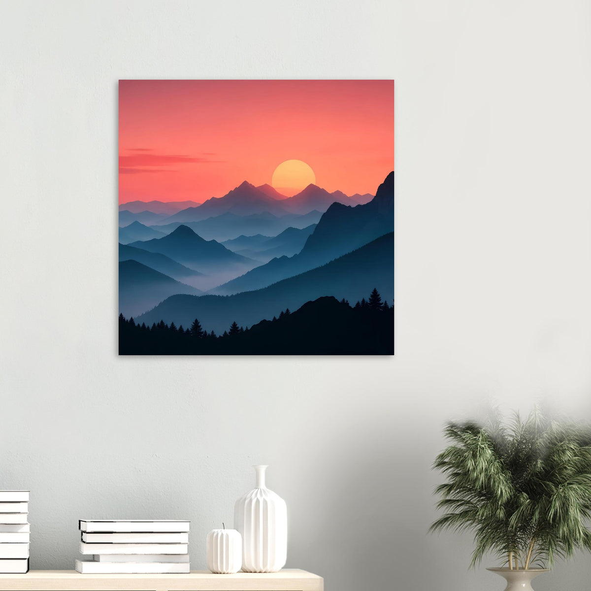 Quadratisches Landschaftsposter mit rotem Himmel, gelber Sonne und bewaldeten Bergkanten