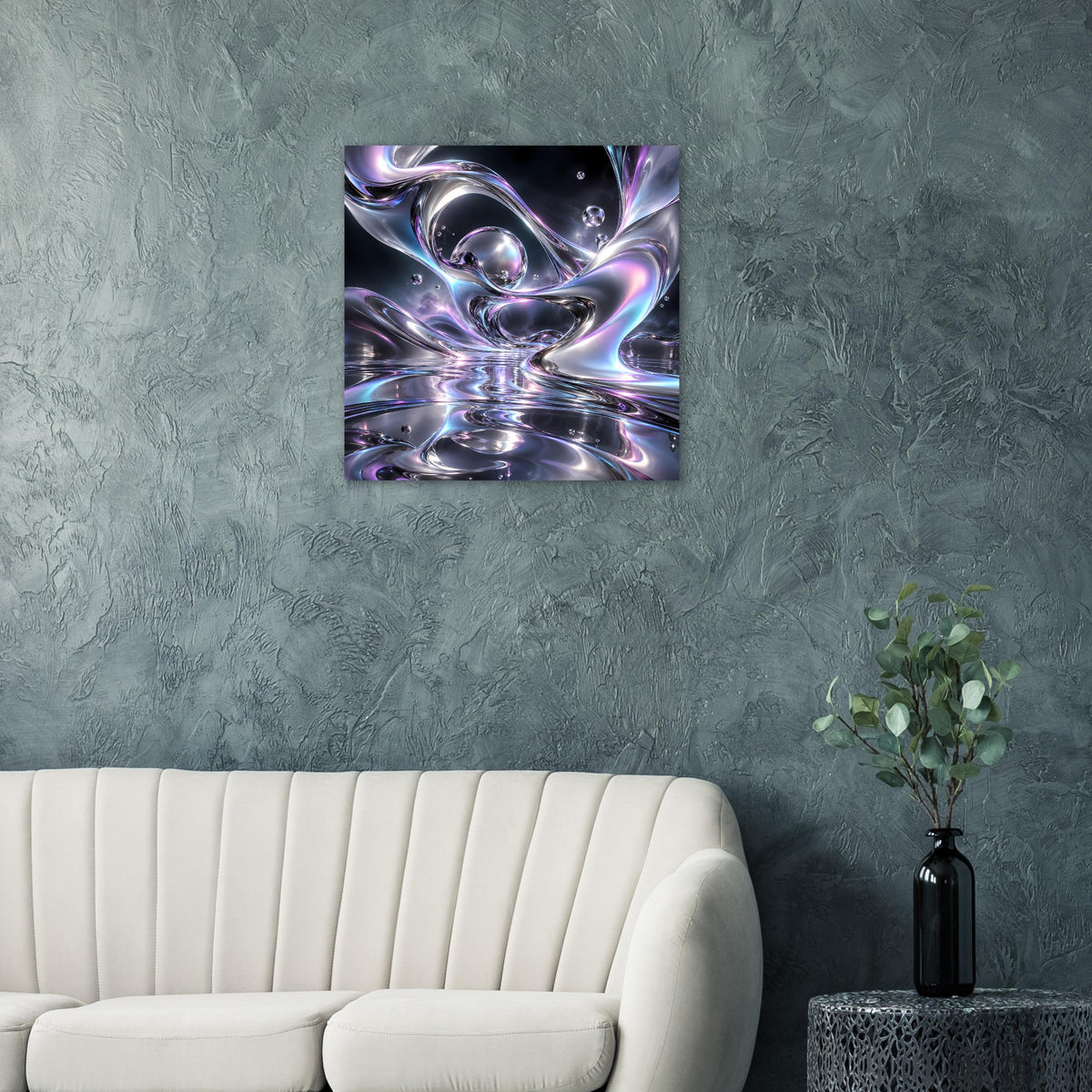 Quadratisches Poster mit abstraktem flüssigem Chrom-Muster in Blau, Lila und Silber