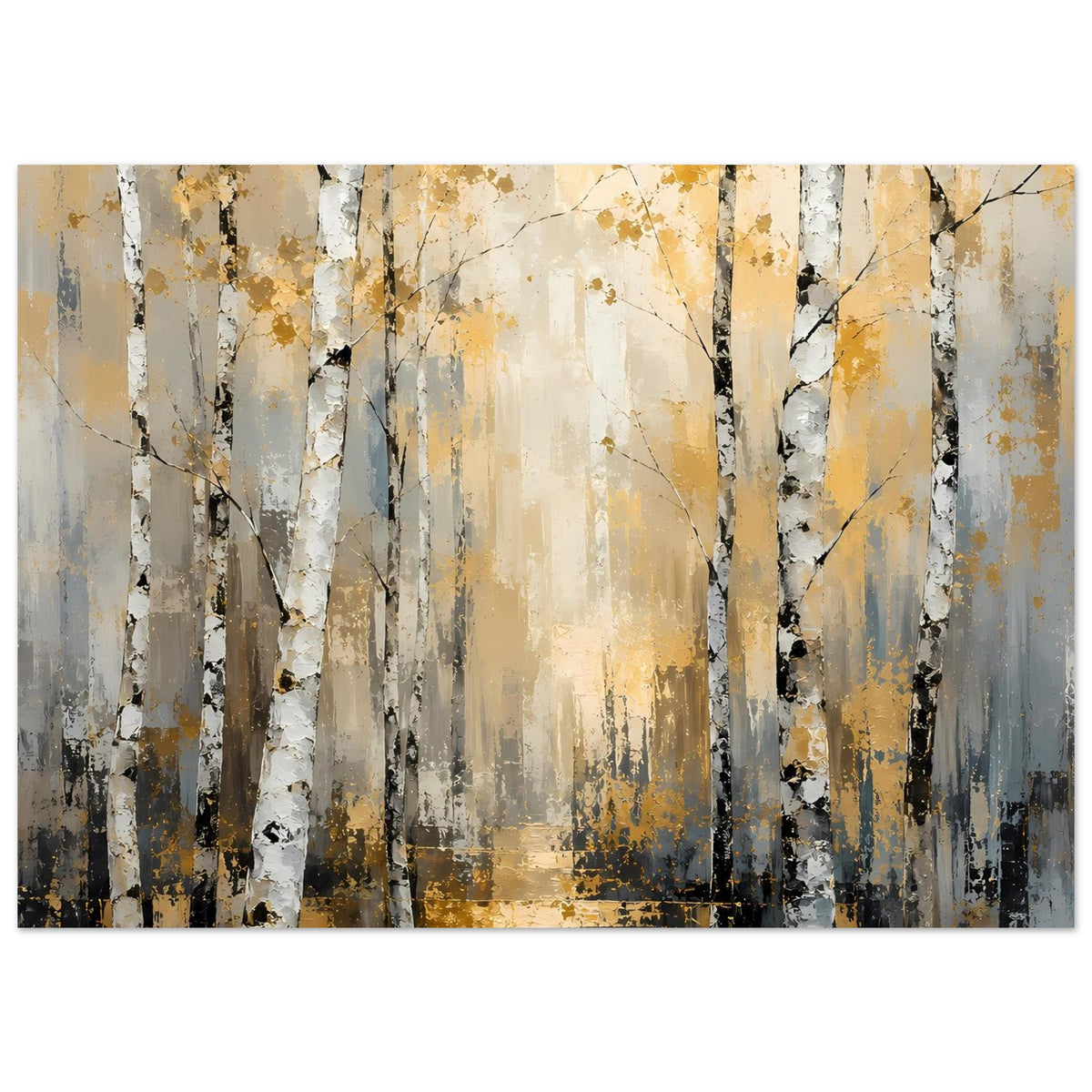 Poster mit Birkenwald im Querformat: weiße Birken, goldene Spritzer, graublaue Bereiche