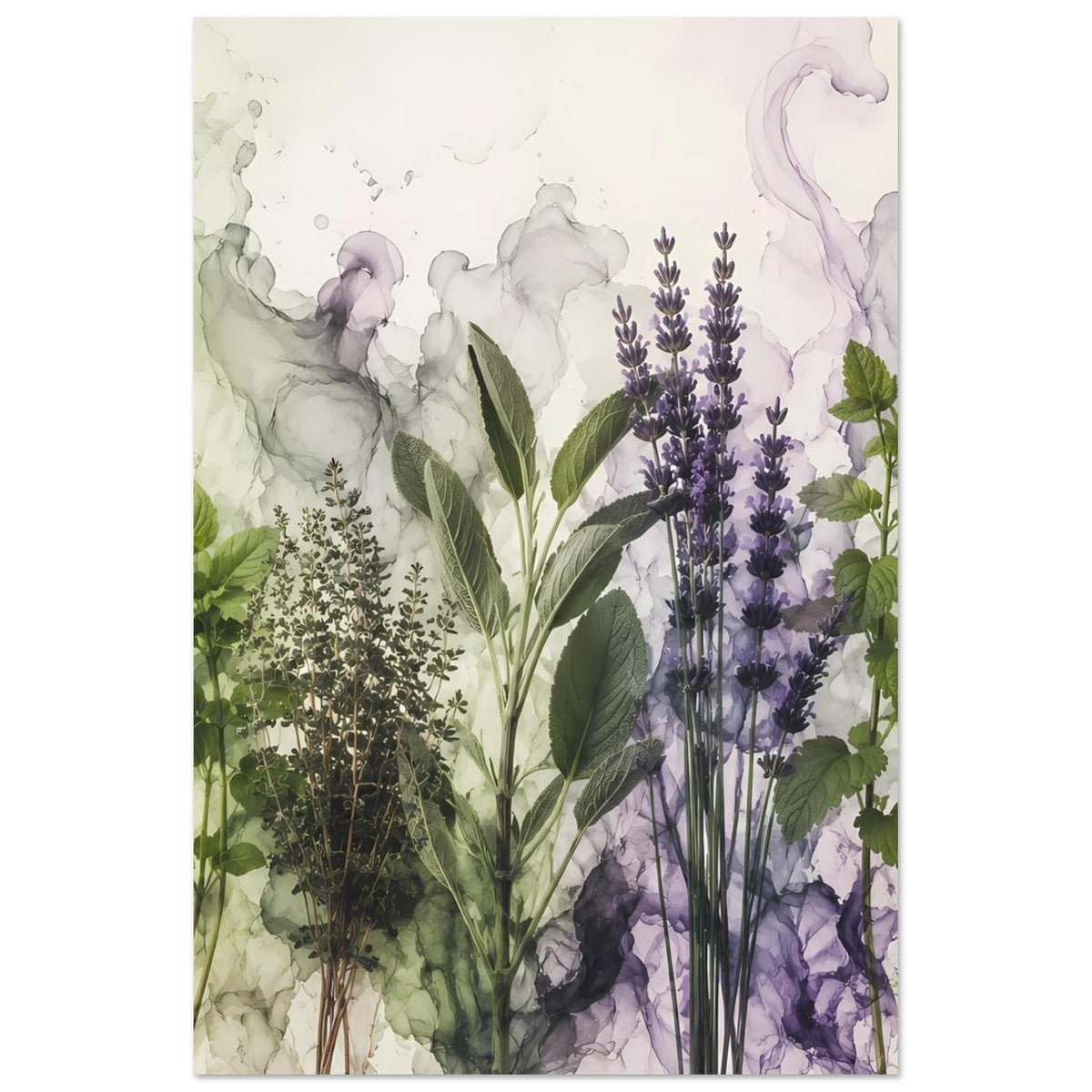 Botanisches Poster: Lavendel in Lila, kombiniert mit grünen Pflanzen und Blättern