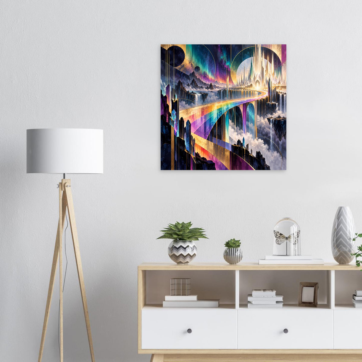 Poster mit futuristischer Regenbogen-Brücke, leuchtenden Bögen und Skyline über Wolken