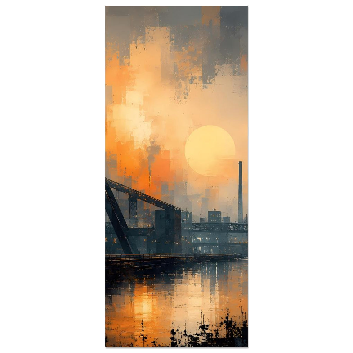 Industriepanorama Poster (hochkant): Fabrik-Silhouette, orangefarbene Sonne und Wasserreflexion