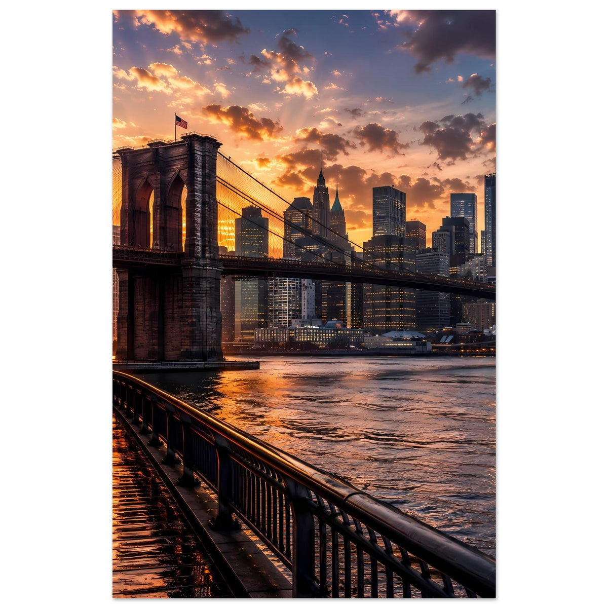 Hochformat-Poster mit Brooklyn Bridge und Manhattan-Skyline bei Sonnenuntergang am Wasser