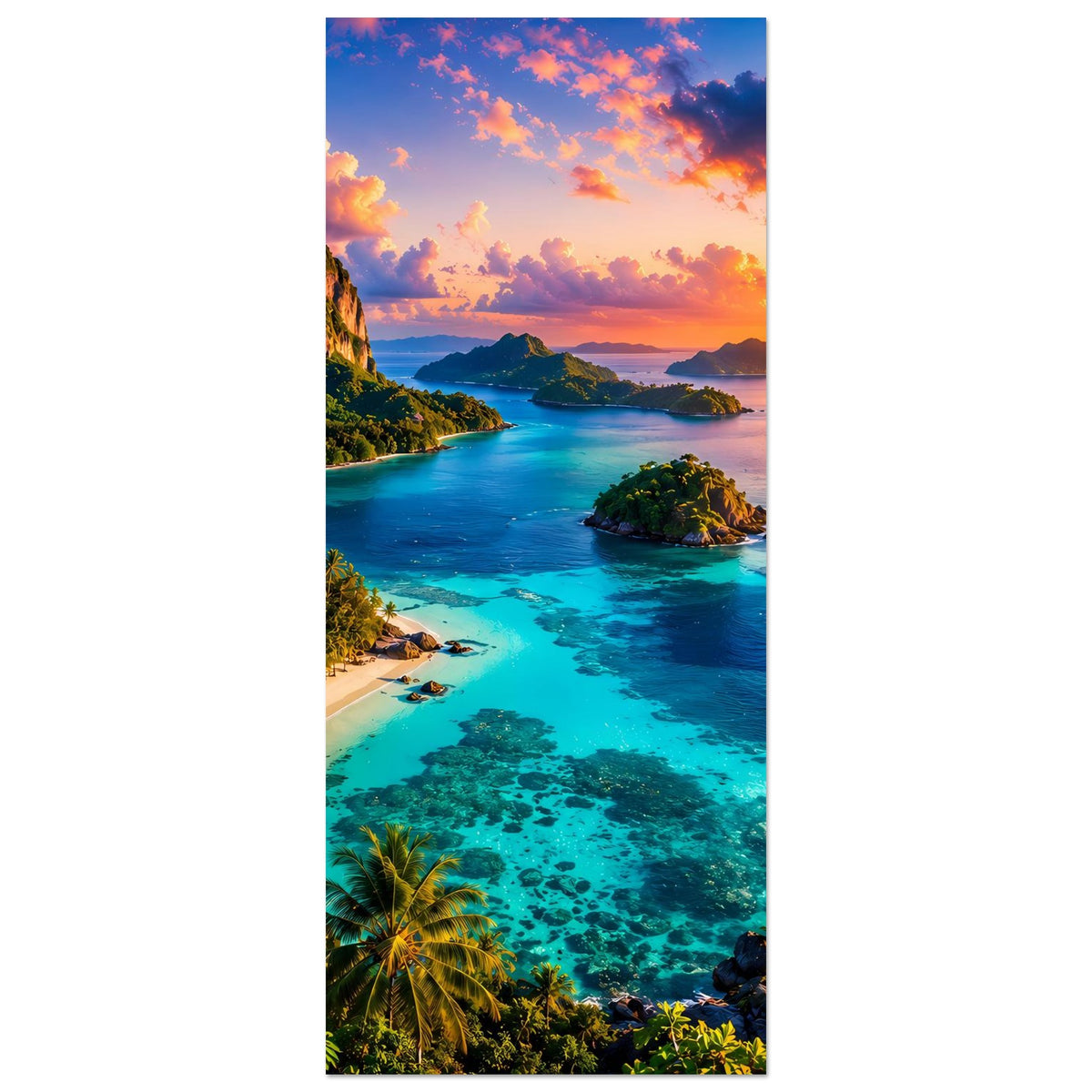 Vertikales Poster mit tropischer Bucht, türkisblauem Wasser und Sonnenuntergang