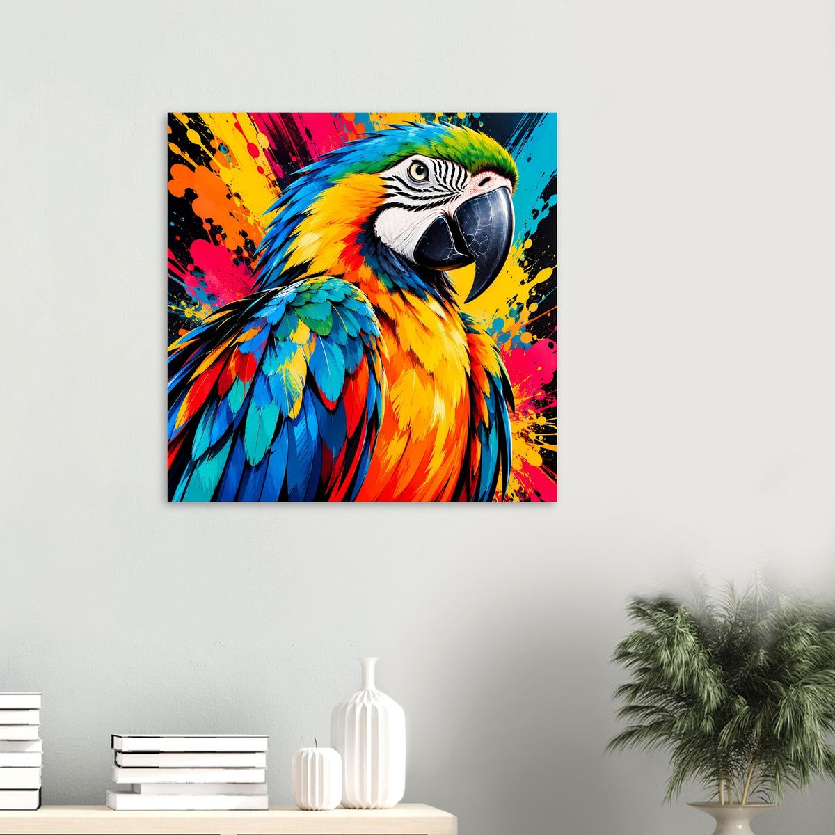 Quadratisches Papagei-Splash-Art-Poster mit Kopf und Regenbogenfedern