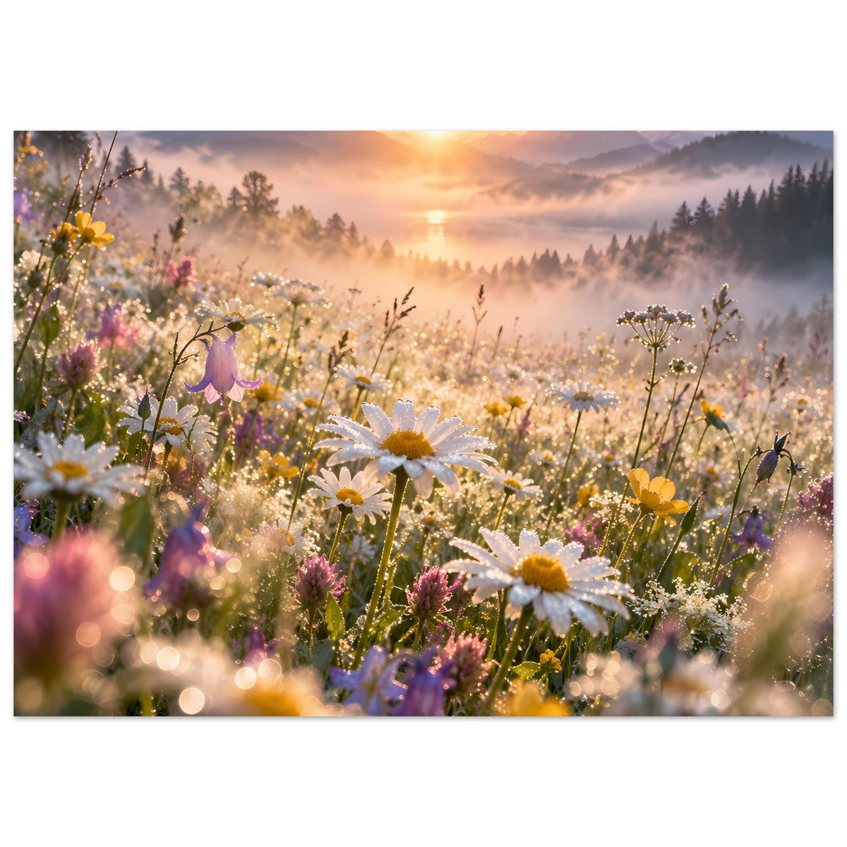 Wandposter mit Wiesenblumen im Vordergrund, weiße Margeriten und gelbe Blüten, Sonne im Nebel