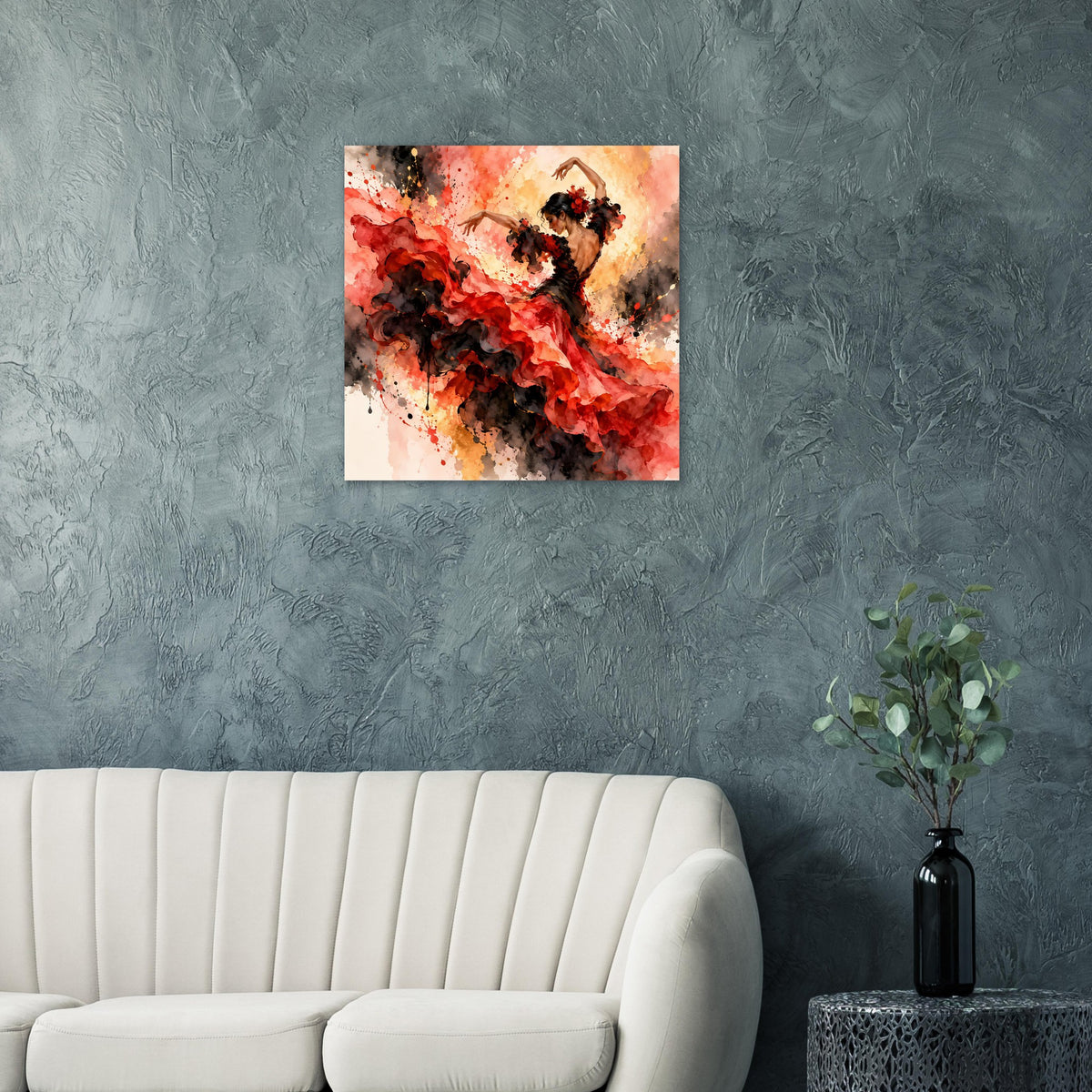 Quadratisches Poster mit Flamenco-Tänzerin in Rot und Schwarz, abstrakte Farbflächen