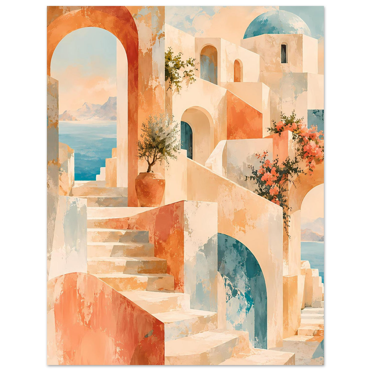 Kunstposter mit Treppenanlage und Bögen, Vasenpflanze und Blüten am Fenstersims