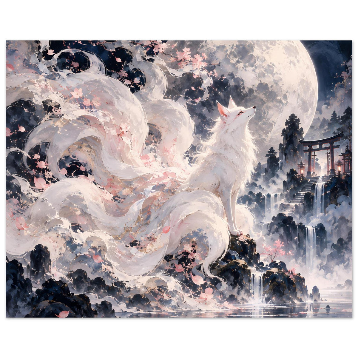 Fantasy-Poster mit weißem Fuchs, Vollmond, Kirschblüten und Pagode am Wasser