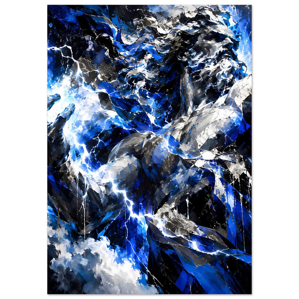 Hochkant-Poster mit dynamischer Blitzgrafik in Blau, Weiß, Grau und Schwarz