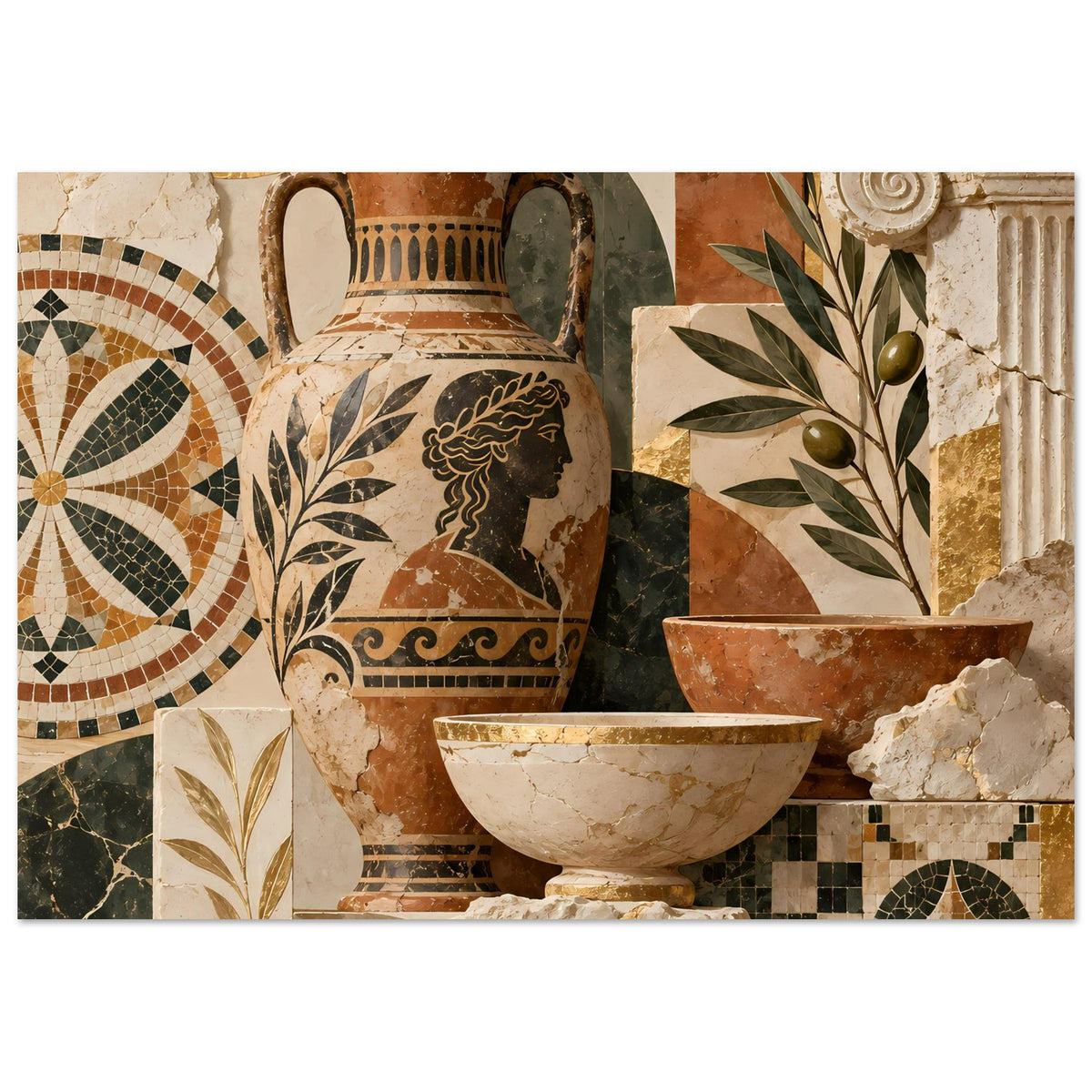Mediterranes Mosaik-Poster mit Amphore, Schale und Mosaikrad links im Stein-Dekor