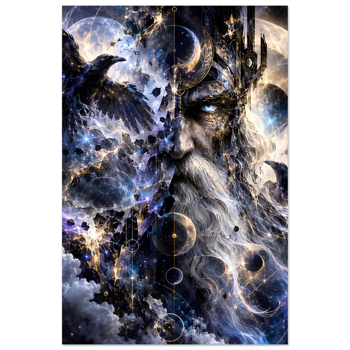 Fantasy-Poster im Hochformat mit Sagenkönig-Gesicht, Rabe, Sternen und Galaxiestruktur