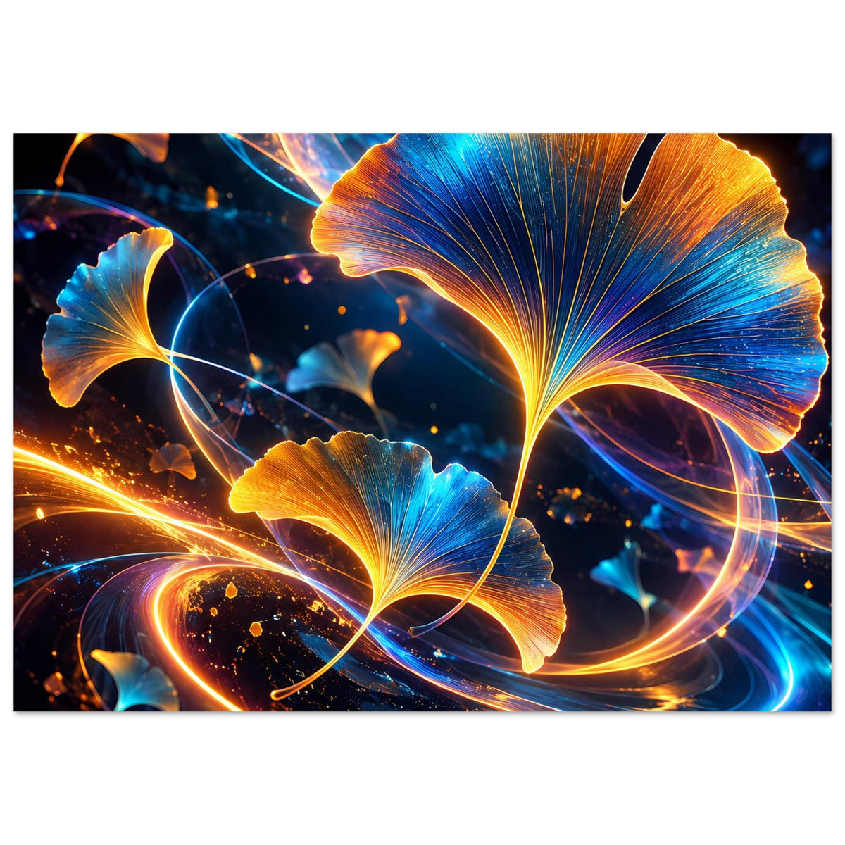Horizontales Poster mit leuchtendem Ginkgo-Motiv in Blau und Gold, schwarzer Rand