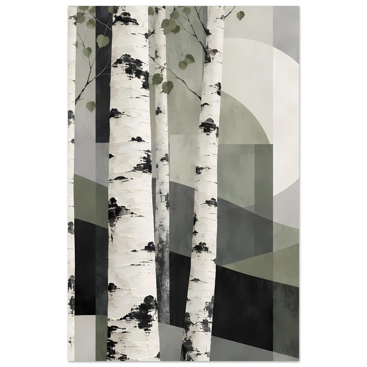 Naturposter im Hochformat: Birkenstämme mit abstrakten Rechtecken und Kreis.
