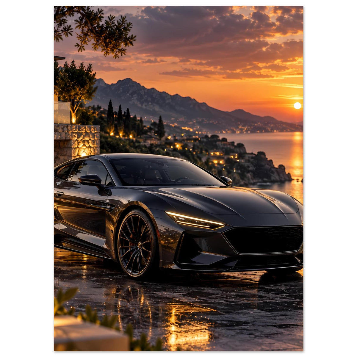 Sonnenuntergangs-Poster mit Sportwagen, goldene Scheinwerfer und nasse Fahrbahn