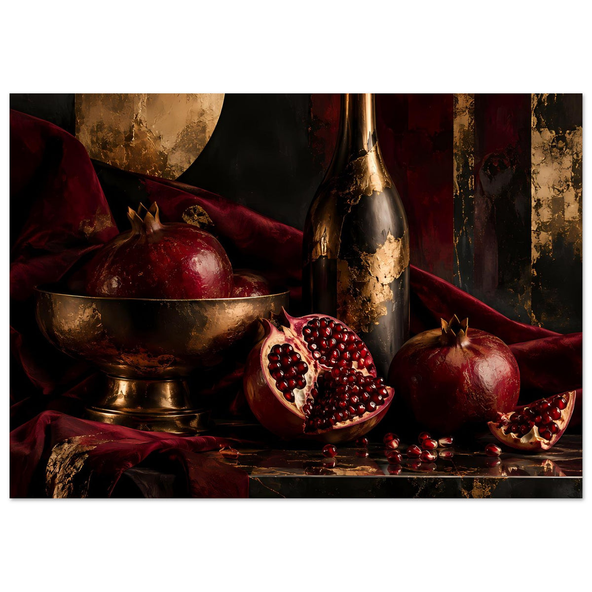 Poster mit Granatapfel-Stillleben: Flasche, Schale und Granatapfel mit Kernen