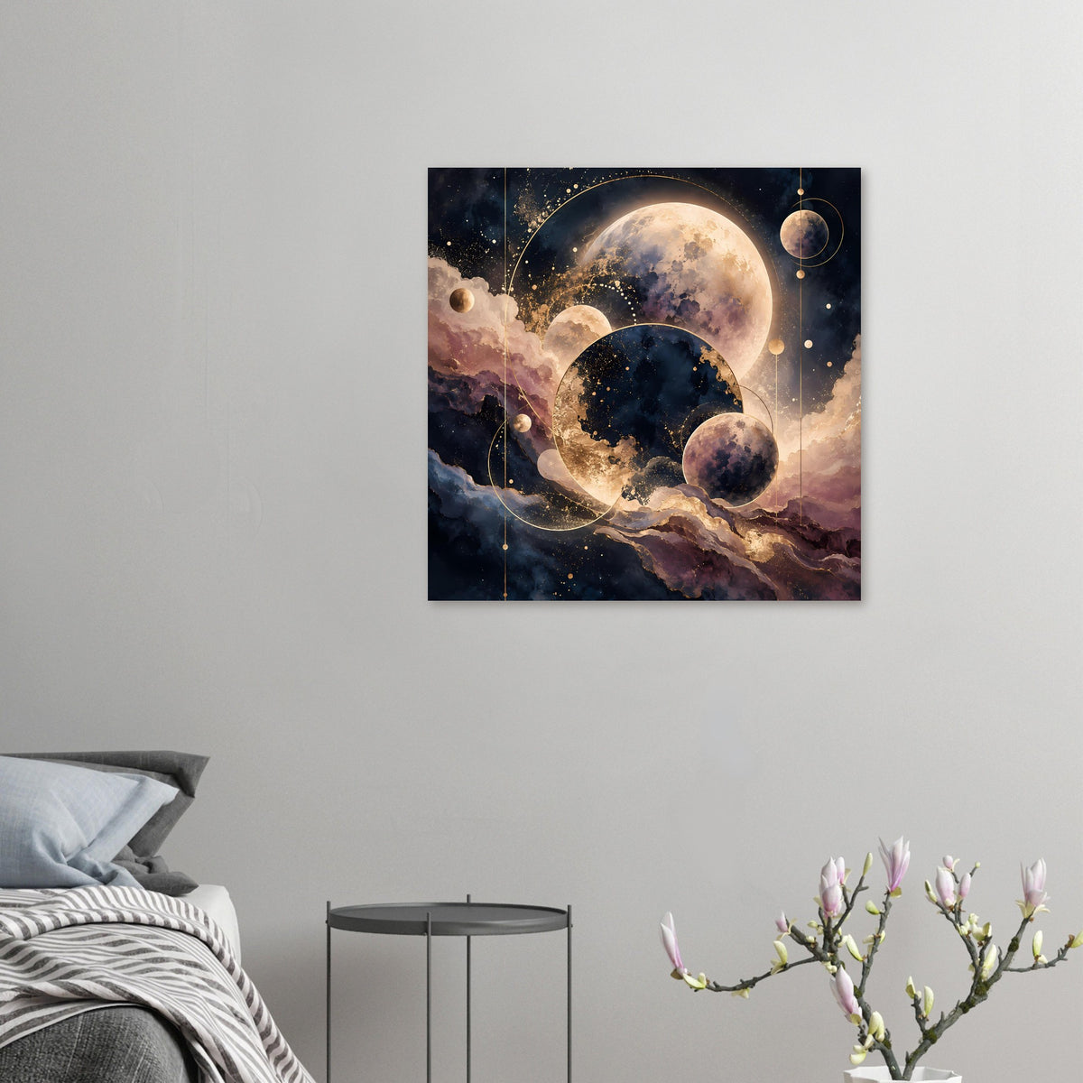 Poster im Querformat: Weltraumkunst mit Planeten, Sternen und goldenen Bahnen