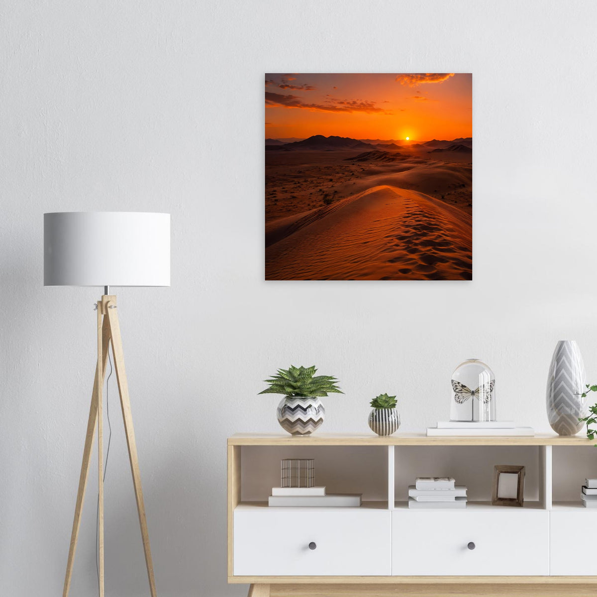 Rechteckiges Poster: Sonnenuntergang über orangefarbenen Dünen, Sonne über dem Horizont