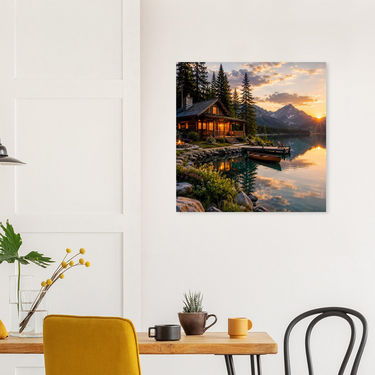 Quadratisches Wandposter mit See, Wohnhaus am Ufer, Nadelbäumen und untergehender Sonne