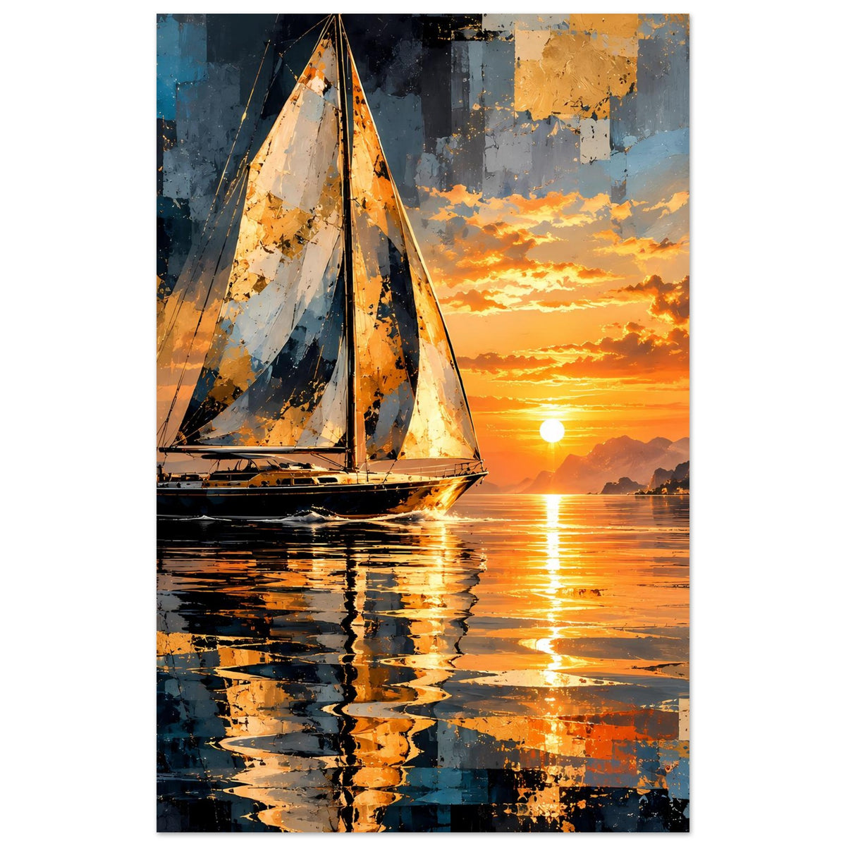 Poster im Hochformat: Segelboot am Sonnenuntergang, markante Segel und reflektiertes Licht