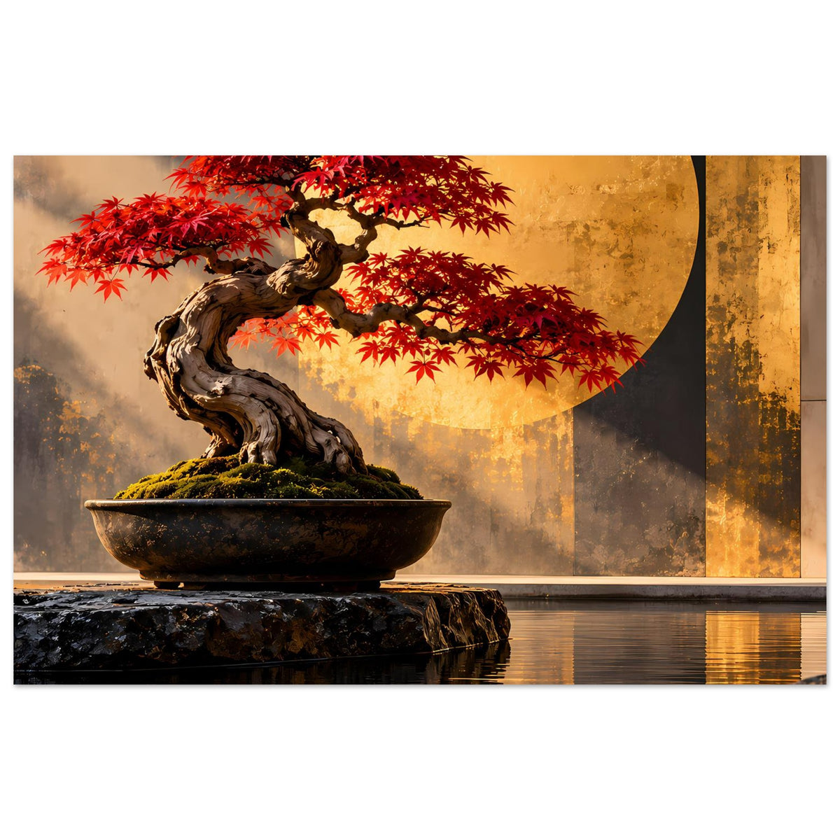 Bonsai-Poster mit rotem Ahorn, S-förmigem Stamm in Schale vor goldenem Halbkreis